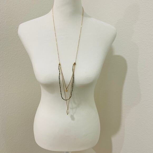 Long Multichain Gold Neckclace Gray Cream Beads - Picture 1 of 4
